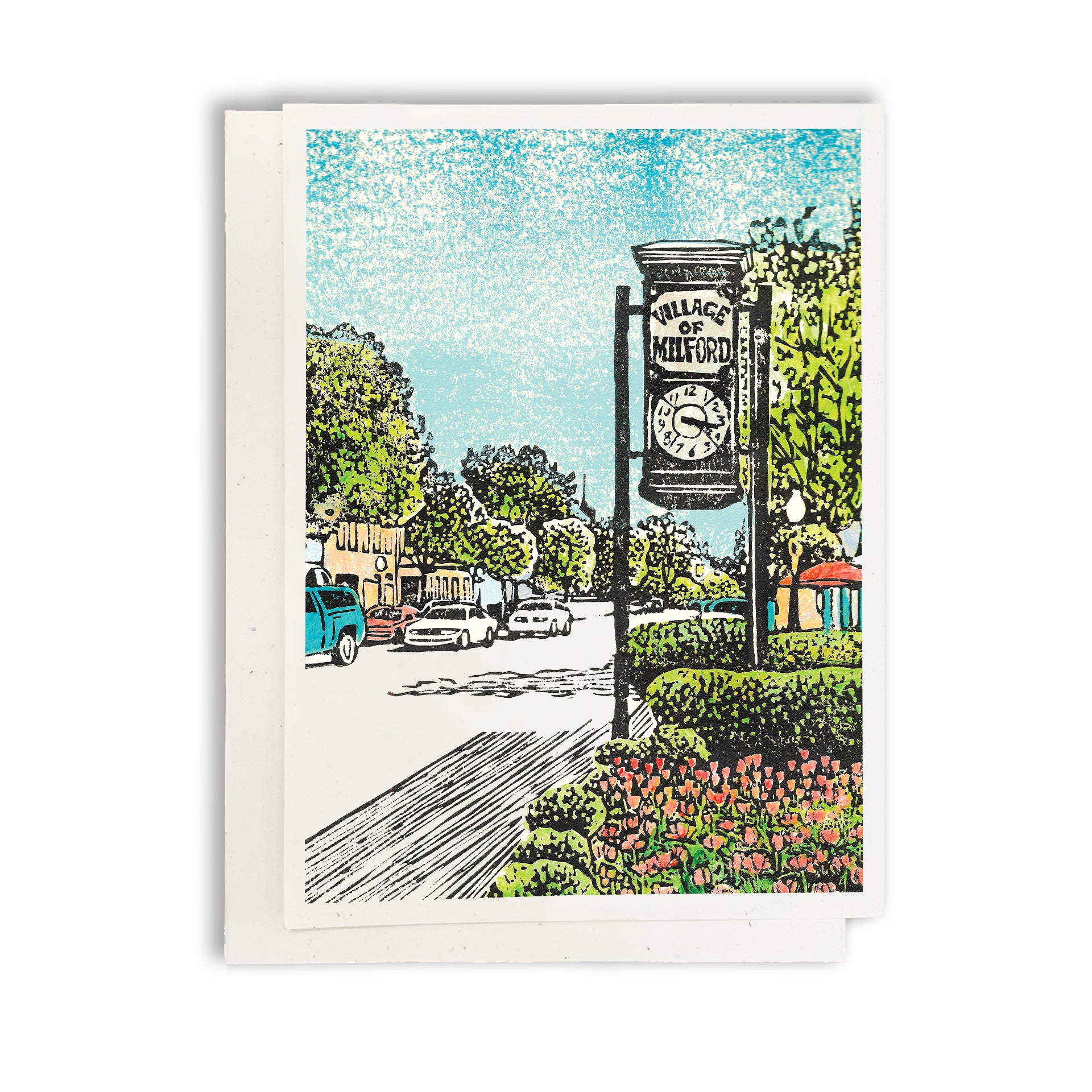 A casually elegant card featuring Milford, Michigan, art by Natalia Wohletz titled Village of Milford.