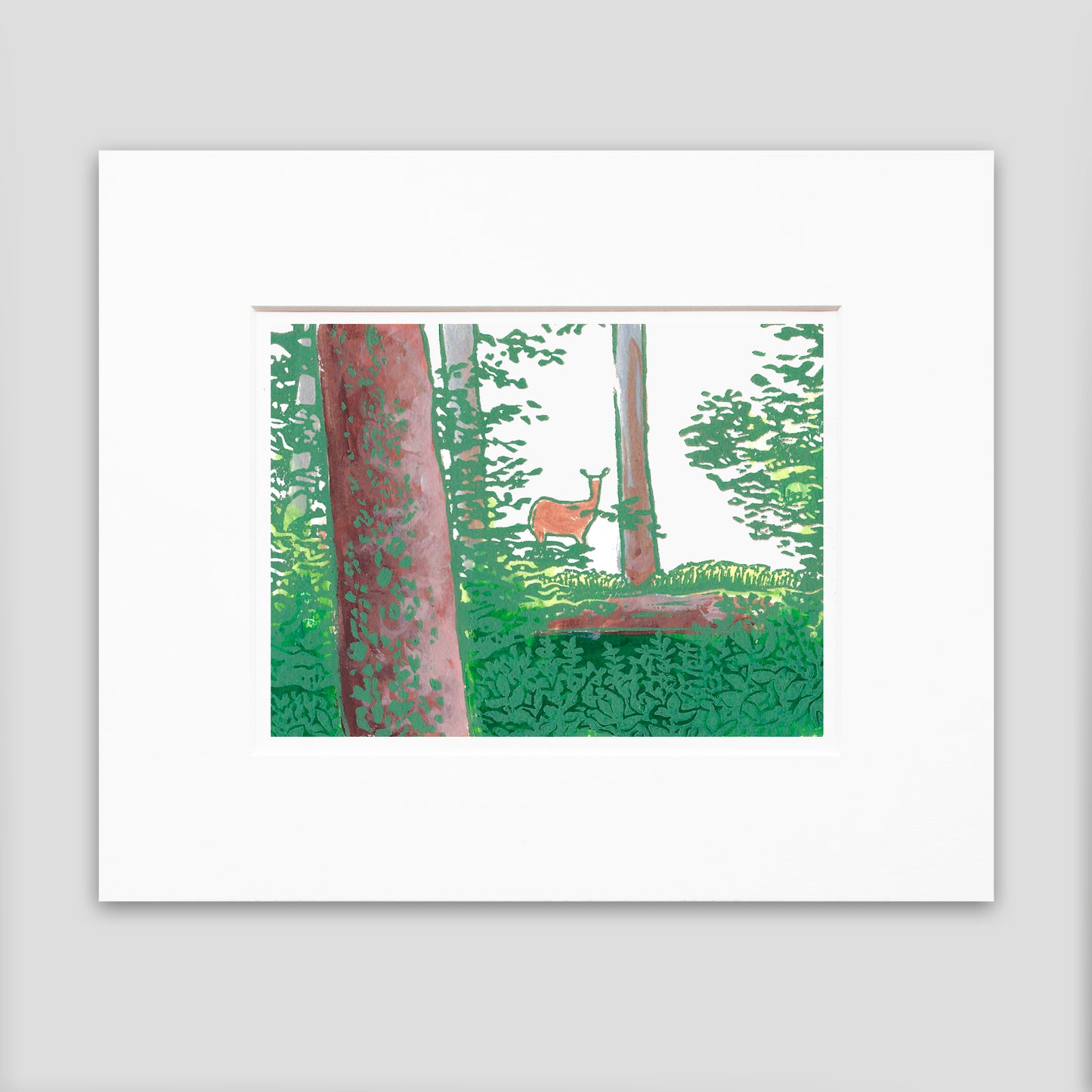 Beautiful deer art by printmaker Natalia Wohletz of Peninsula Prints titled Deer in the Woods.