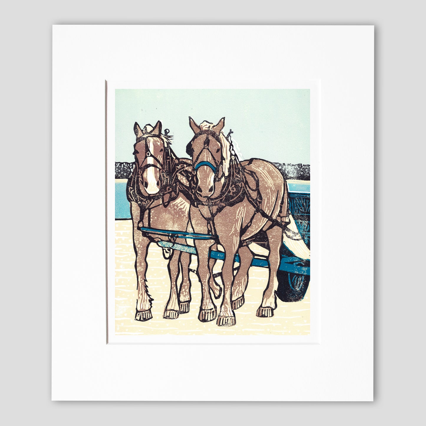 Horse art celebrating Mackinac Island horses by printmaker Natalia Woheltz of Peninsula Prints, Michigan titled Dray Team on the Dock.