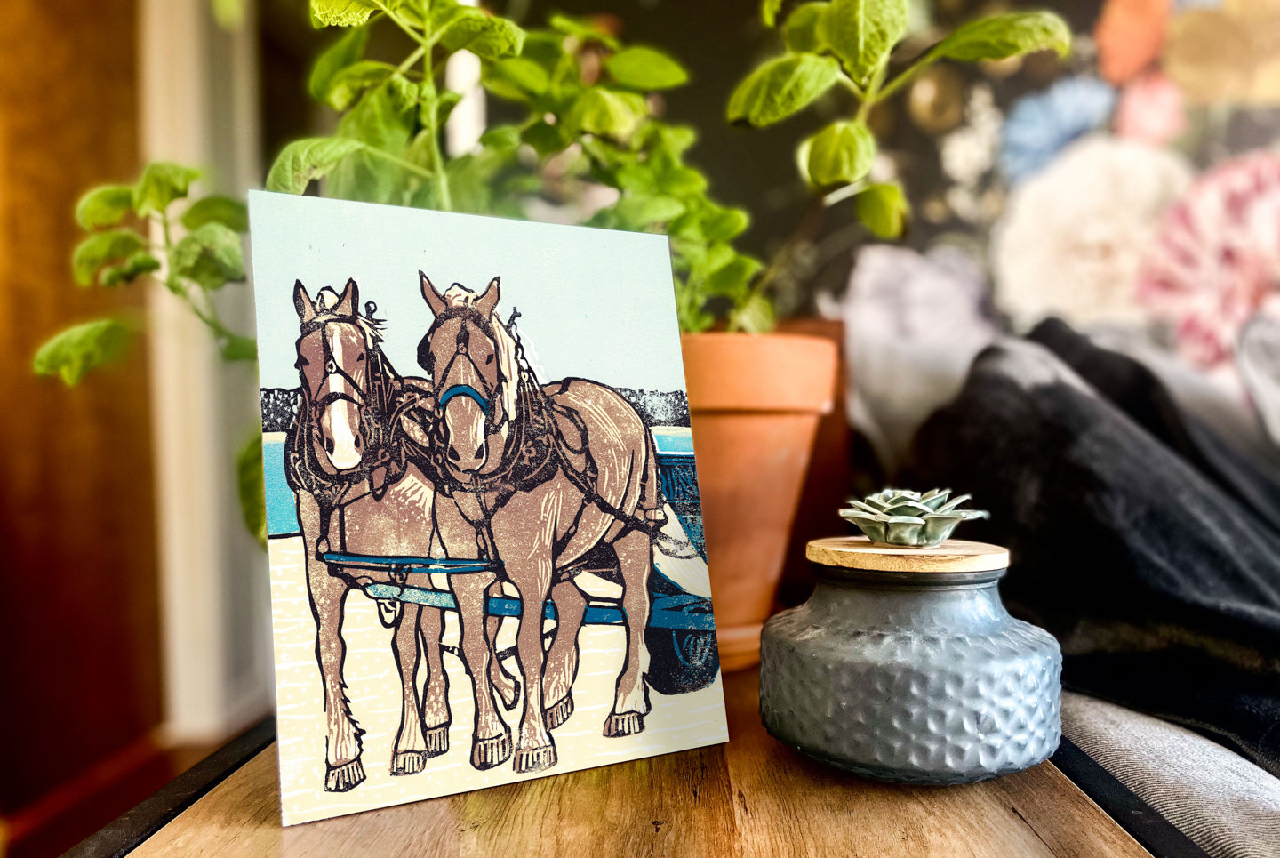 Contemporary Mackinac Island art by Natalia Wohletz of Peninsula Prints titled Dray Team on the Dock.
