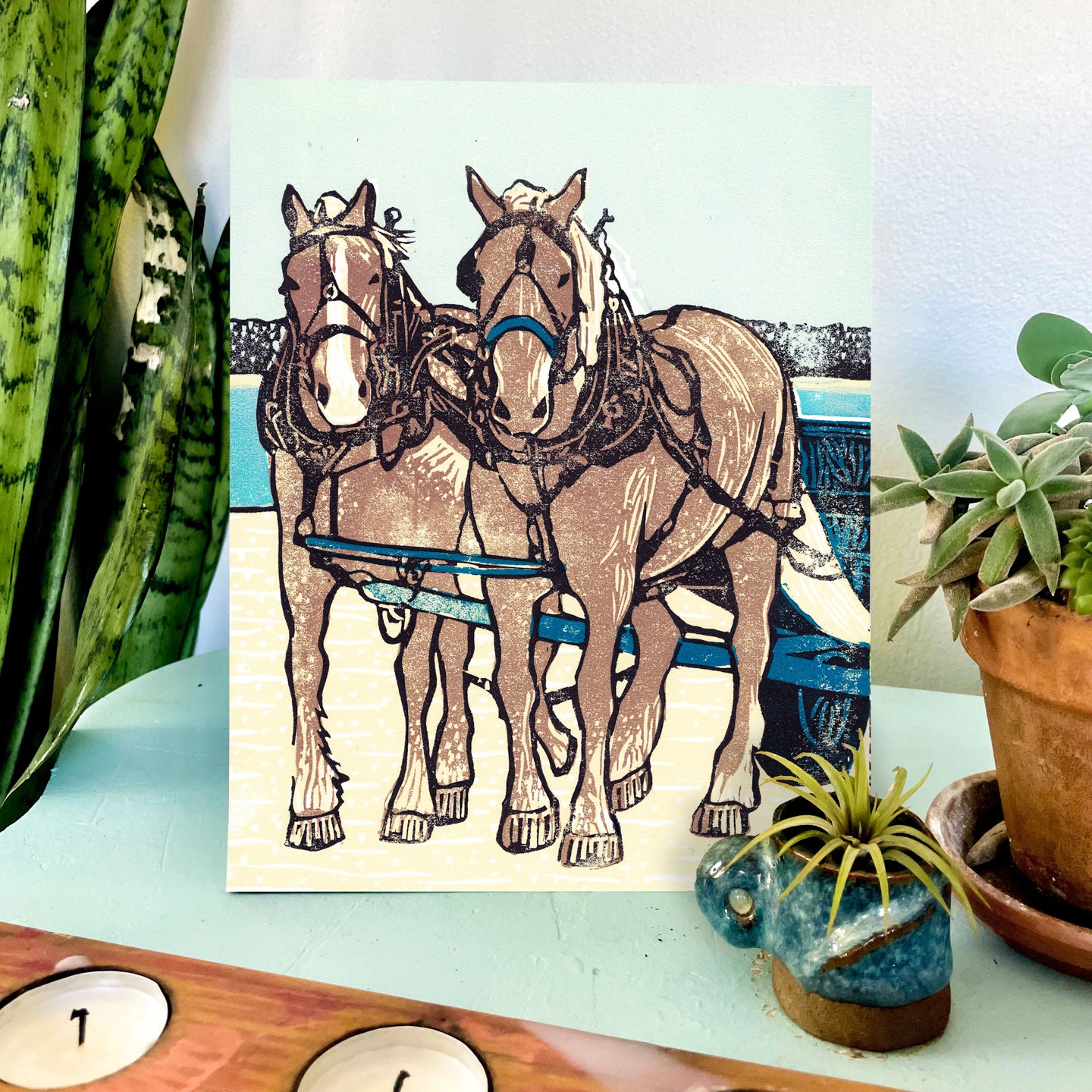 Contemporary Mackinac Island art by Natalia Wohletz of Peninsula Prints titled Dray Team on the Dock.