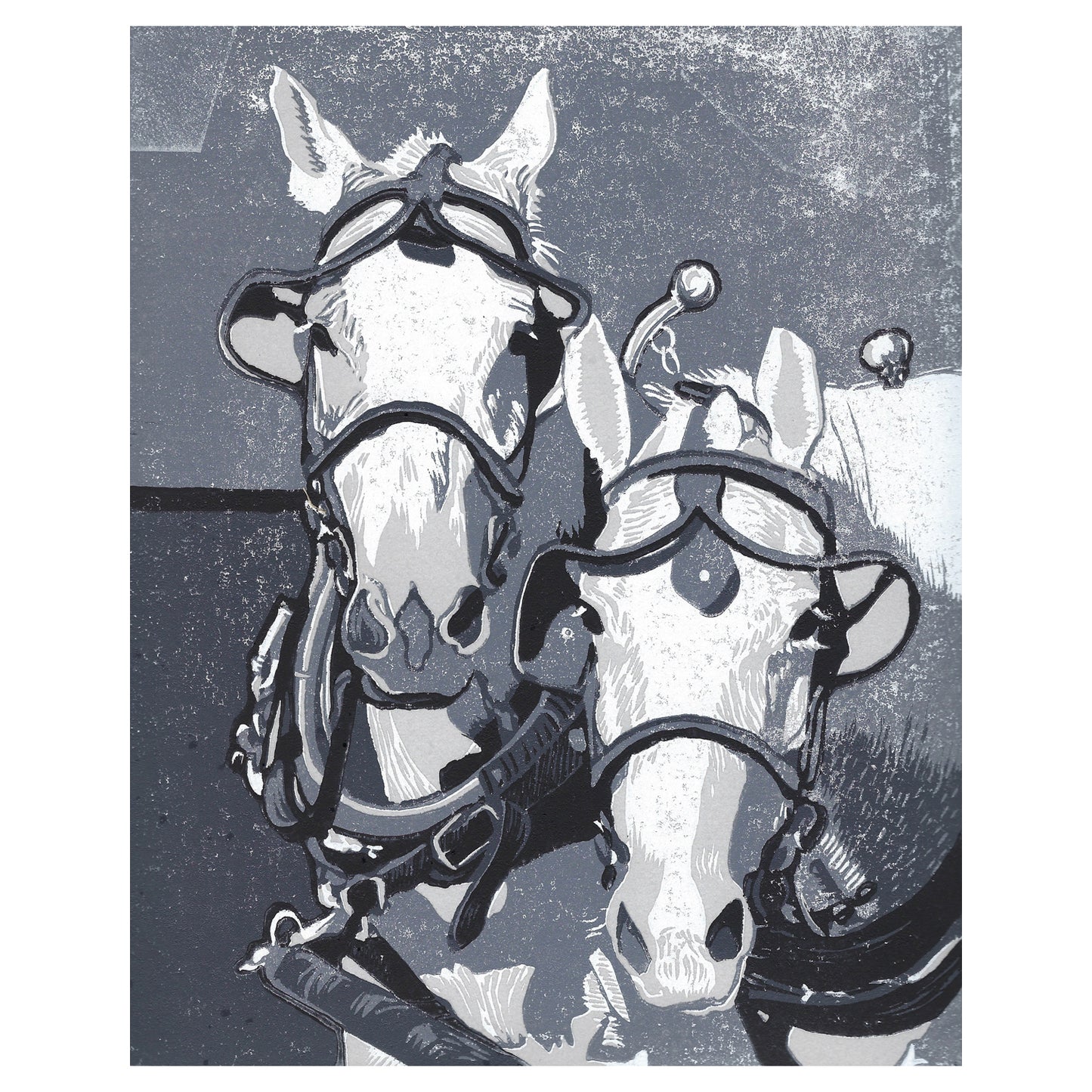 Horse art created by Natalia Wohletz of Peninsula Prints. Based upon the Percherons of Mackinac Island, this original block print titled Two Horse Team speaks to the strength and beauty of horses.