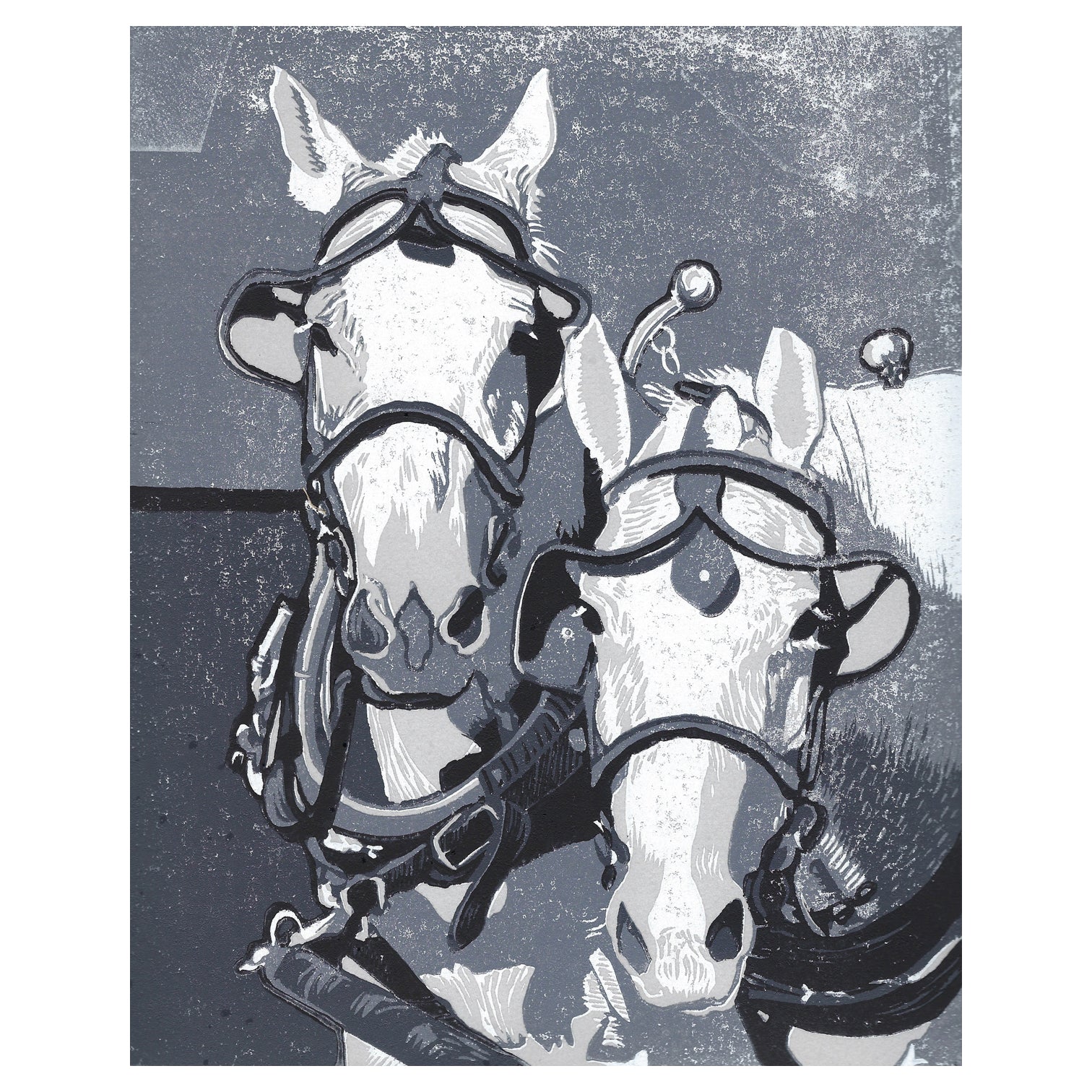 Horse art created by Natalia Wohletz of Peninsula Prints. Based upon the Percherons of Mackinac Island, this original block print titled Two Horse Team speaks to the strength and beauty of horses.