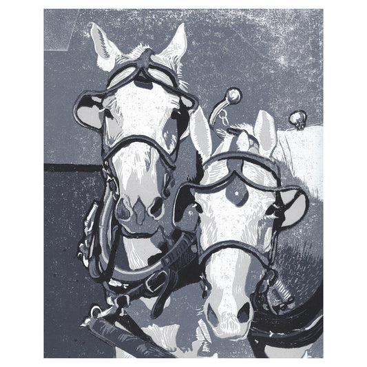 Horse art created by Natalia Wohletz of Peninsula Prints. Based upon the Percherons of Mackinac Island, this original block print titled Two Horse Team speaks to the strength and beauty of horses.