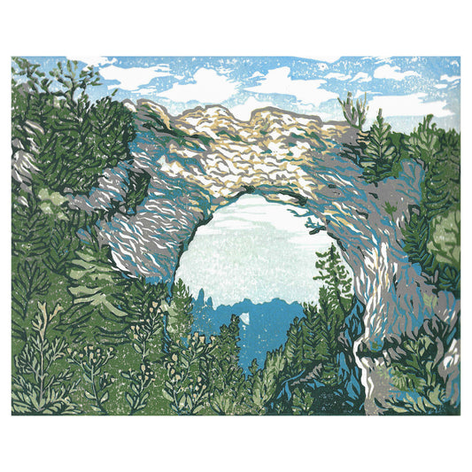 Arch Rock's Shadow Original Block Print. Contemporary Mackinac Island art by Natalia Wohletz of Peninsula Prints.