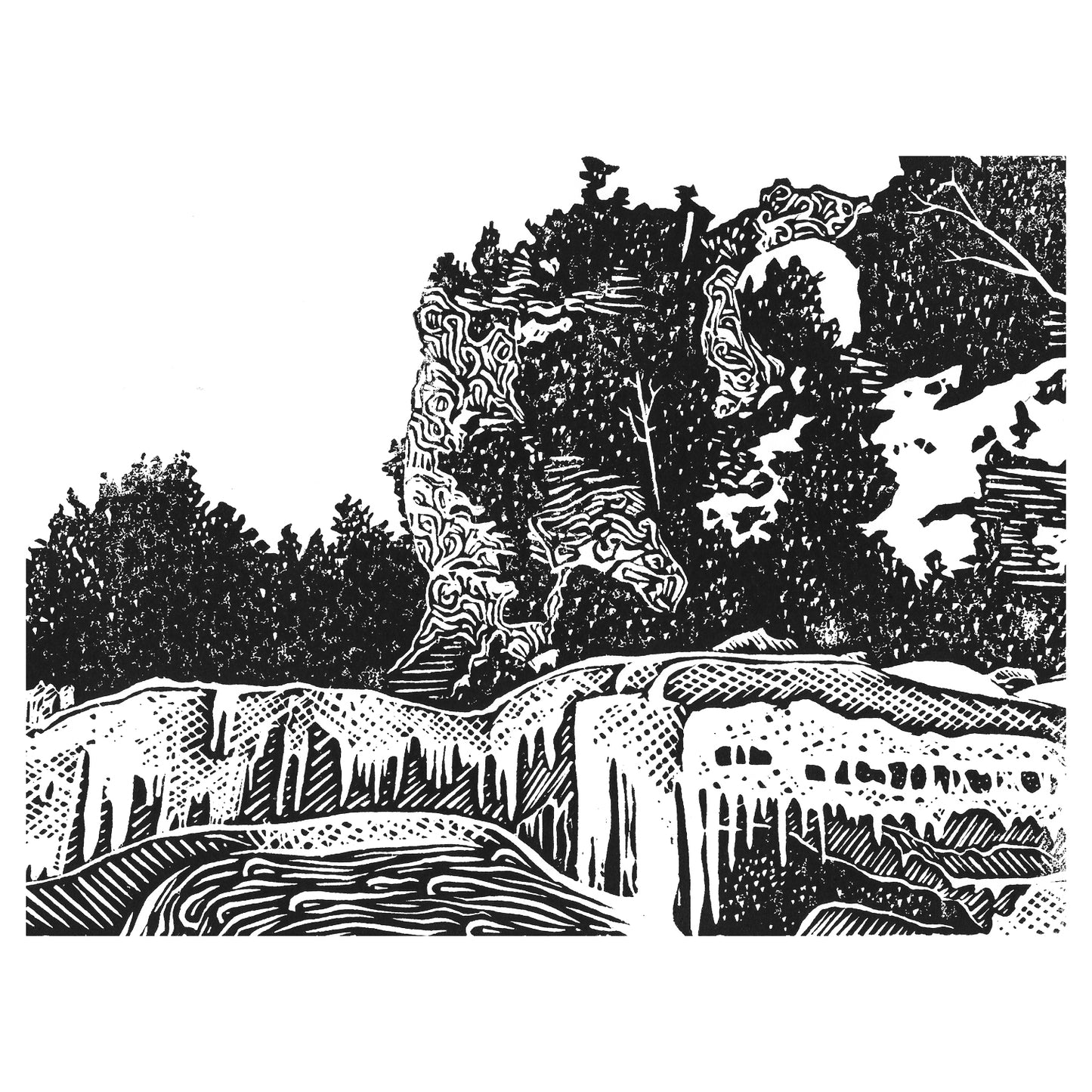 Arch Rock in Winter Original Block Print. Contemporary Mackinac Island art by Natalia Wohletz of Peninsula Prints.