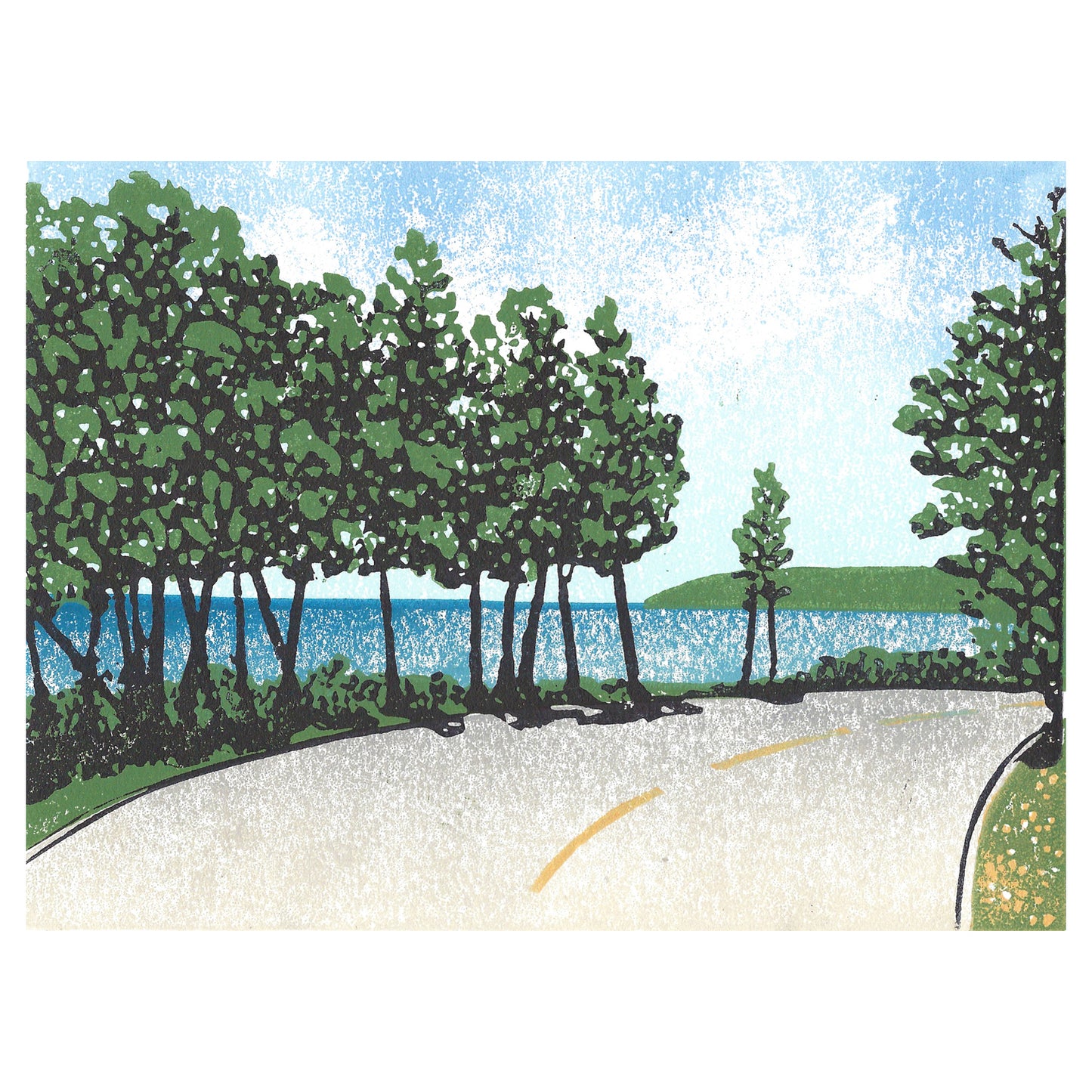 Bend by the Bay Original Block Print.  Contemporary Michigan lake art by Natalia Wohletz of Peninsula Prints.