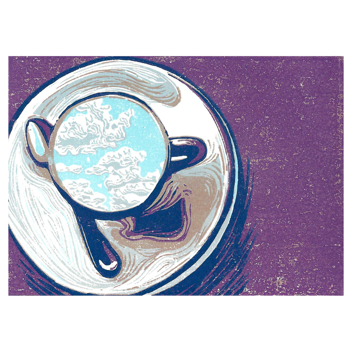 Contemporary latte art by printmaker Natalia Wohletz of Peninsula Prints, Michigan, titled Clouds in My Coffee.