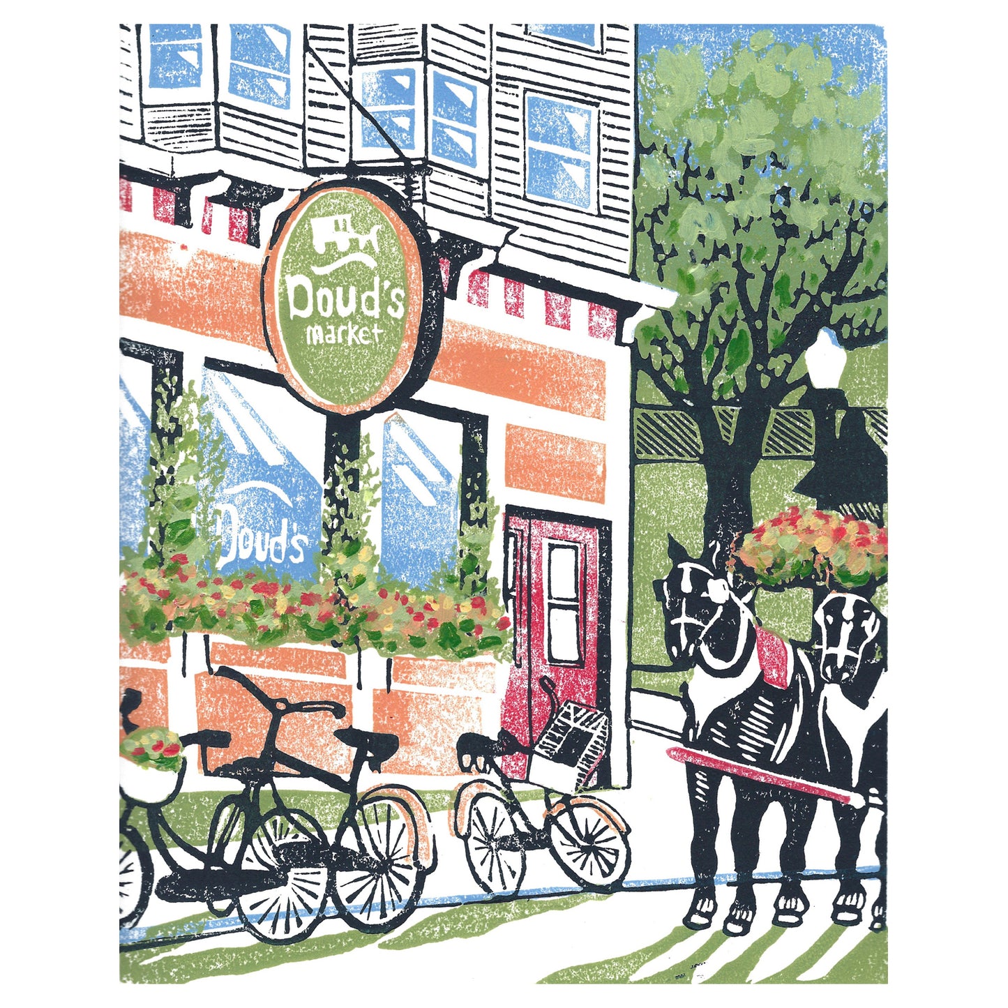 Mackinac Island art by printmaker Natalia Wohletz of Peninsula Prints titled Doud's Market. Inspired by one of America's oldest family-operated grocery stores.