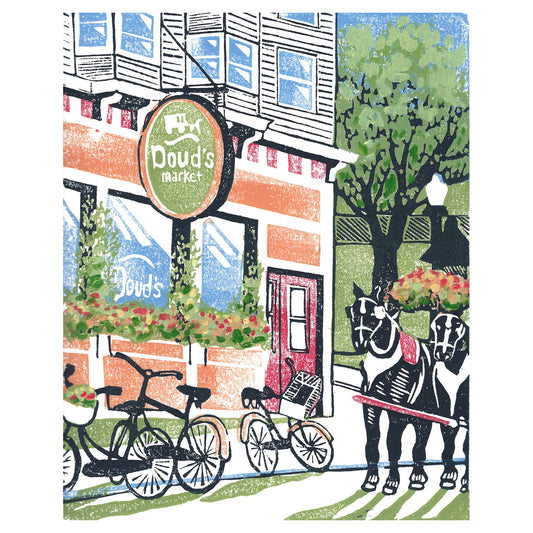 Mackinac Island art by printmaker Natalia Wohletz of Peninsula Prints titled Doud's Market. Inspired by one of America's oldest family-operated grocery stores.