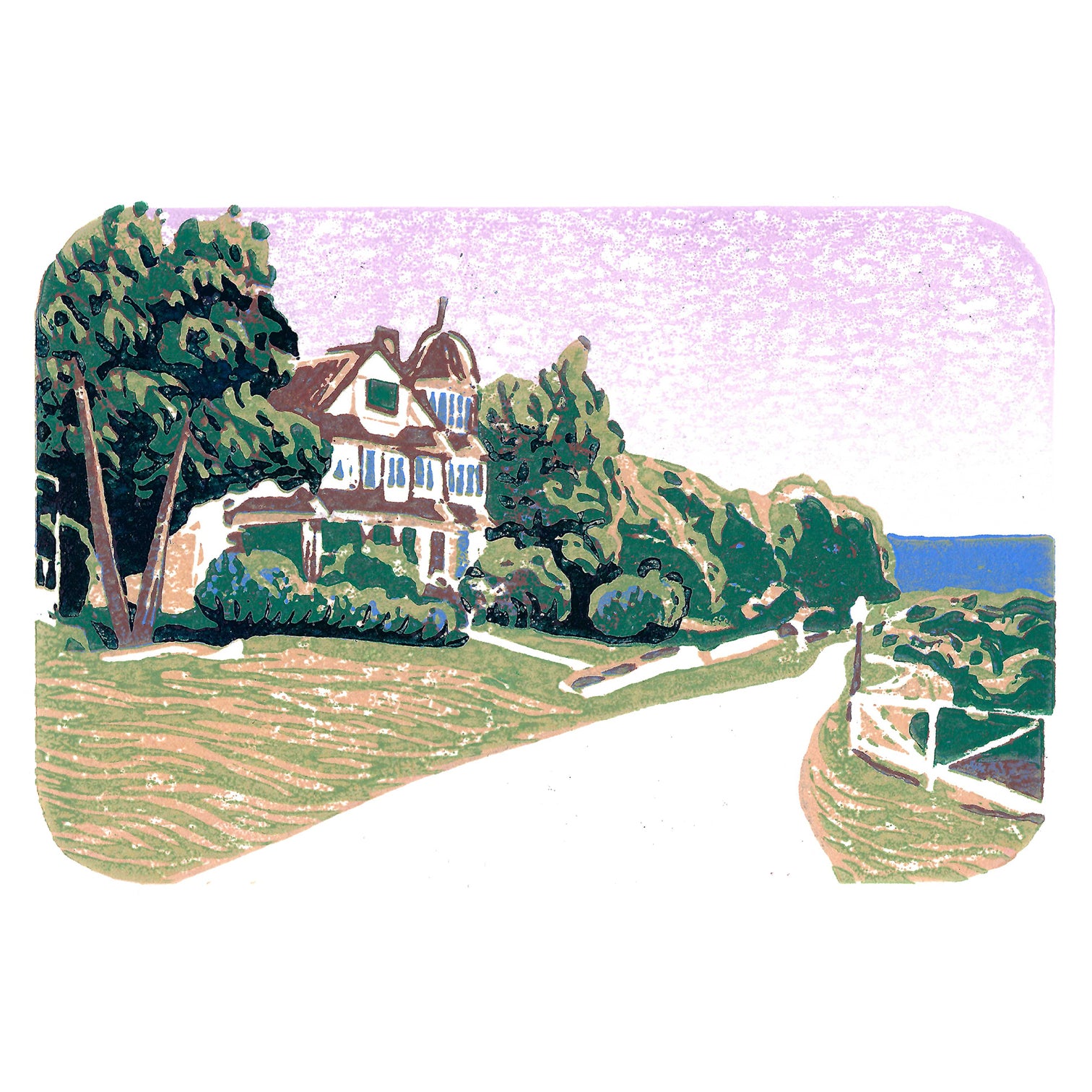 Mackinac Island art featuring a Victorian cottage by printmaker Natalia Wohletz of Peninsula Prints, Michigan, titled East Bluff Glow.