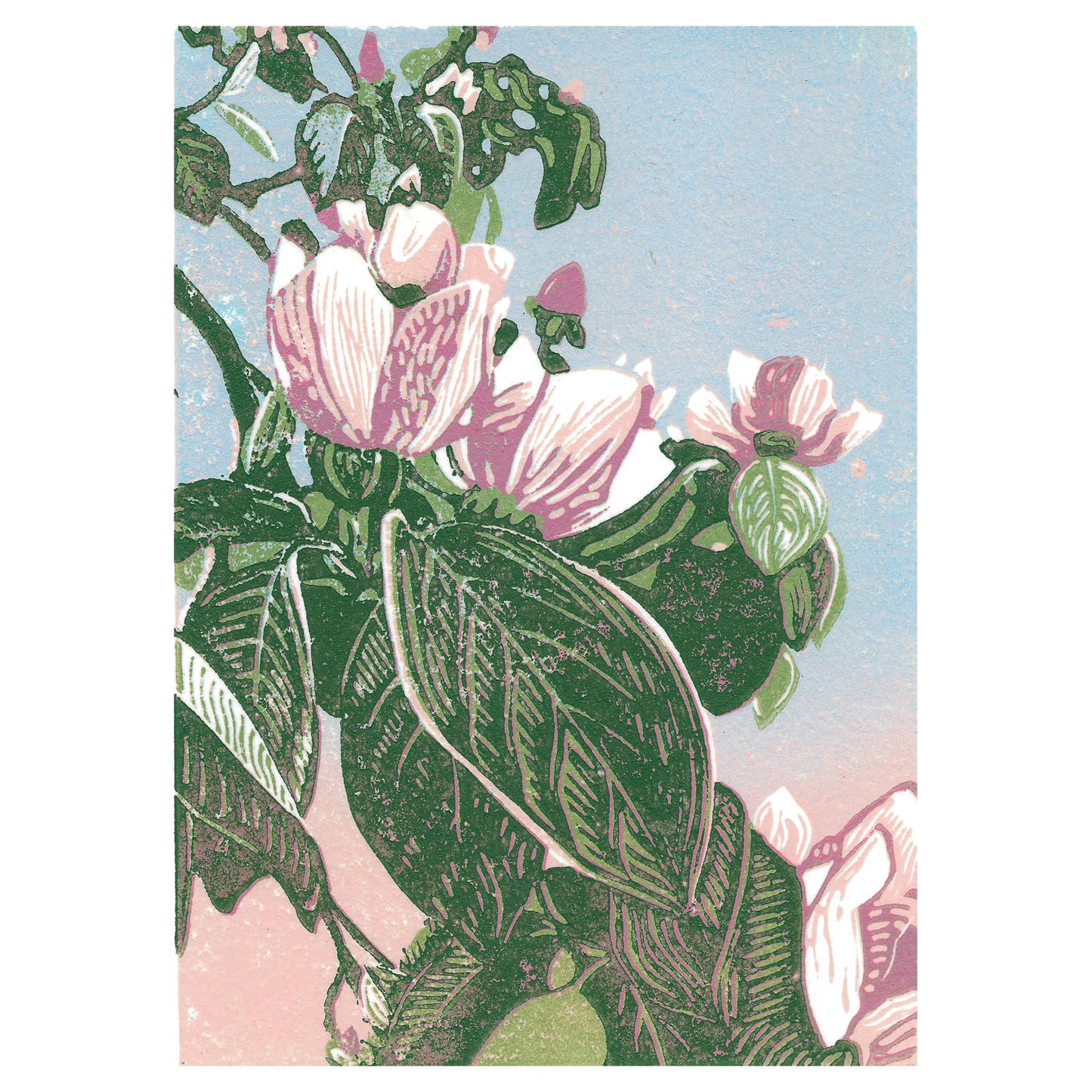 Flower art by printmaker Natalia Wohletz of Peninsular Prints titled En el Jardin. Inspired by a Mackinac Island garden. A reduction block print carved and printed in Michigan.