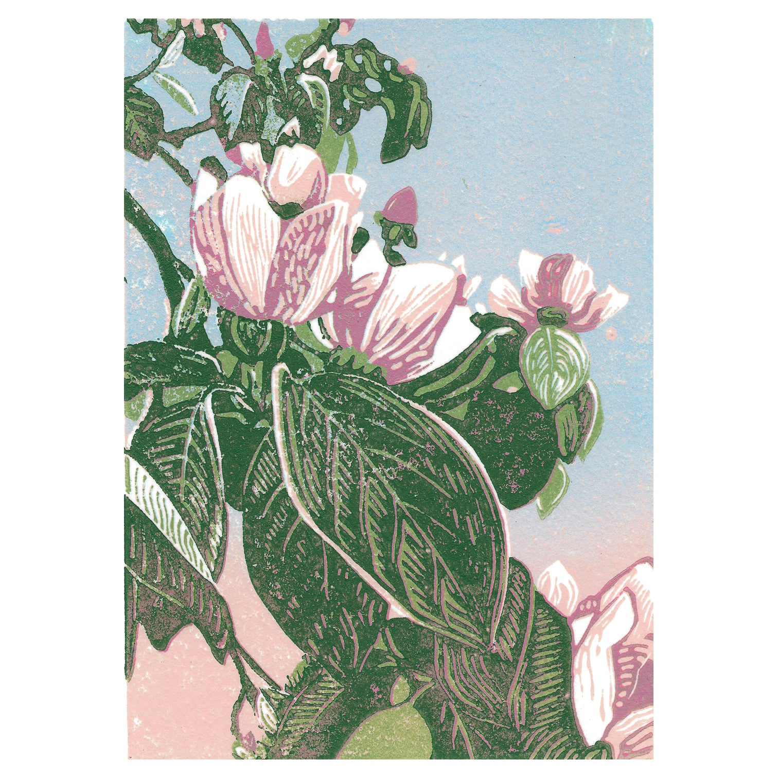 Flower art by printmaker Natalia Wohletz of Peninsular Prints titled En el Jardin. Inspired by a Mackinac Island garden. A reduction block print carved and printed in Michigan.