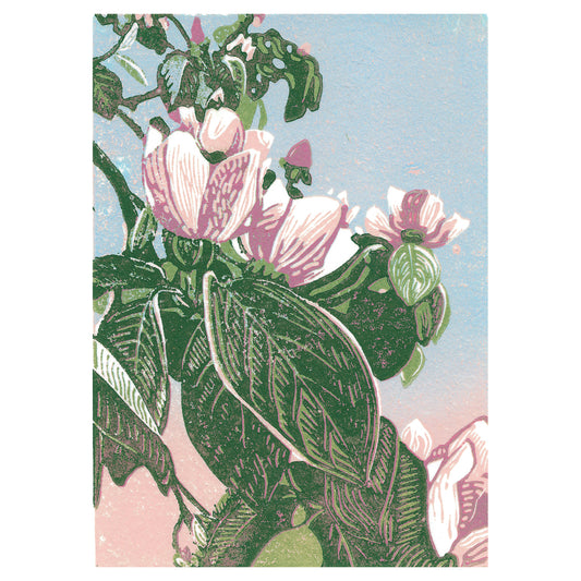 Flower art by printmaker Natalia Wohletz of Peninsular Prints titled En el Jardin. Inspired by a Mackinac Island garden. A reduction block print carved and printed in Michigan.
