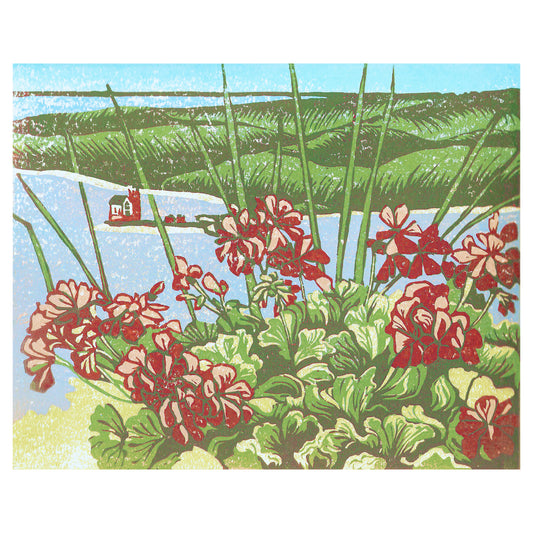 Mackinac Island art featuring the view of Round Island Lighthouse from the geranium-lined porch of Grand Hotel by printmaker Natalia Wohletz of Peninsula Prints titled Grand Geraniums.