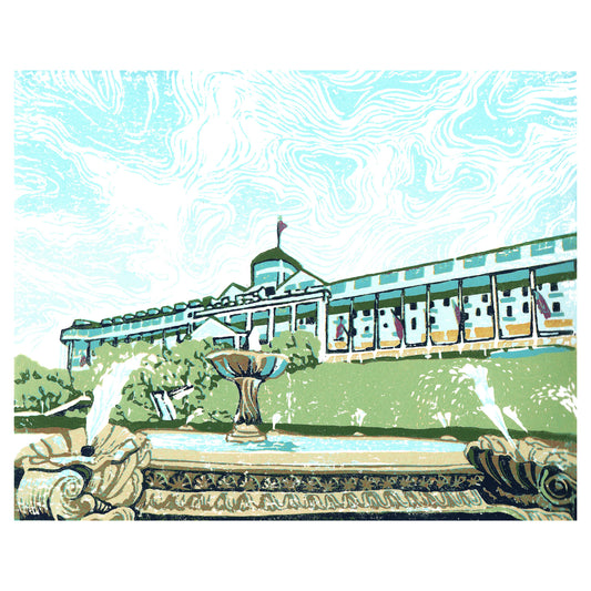 Mackinac Island art featuring Grand Hotel's Tea Garden by printmaker Natalia Wohletz of Peninsula Prints titled Grand Fountain.