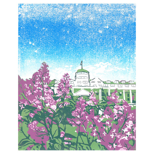 Grand Hotel art by printmaker Natalia Wohletz of Peninsula Prints, Mackinac Island, titled June at the Grand.