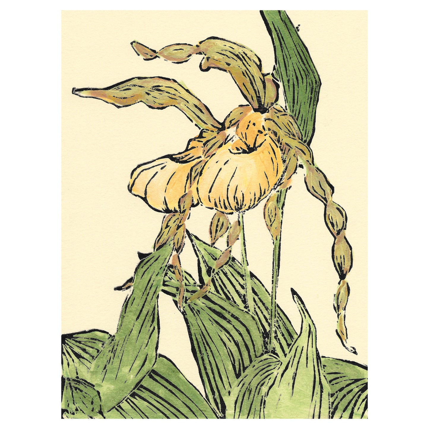 Lady Slipper Pair is a multicolor linoleum block print of one of Michigan's most delightful native orchid wildflowers by Natalia Wohletz of Peninsula Prints, Milford & Mackinac Island.