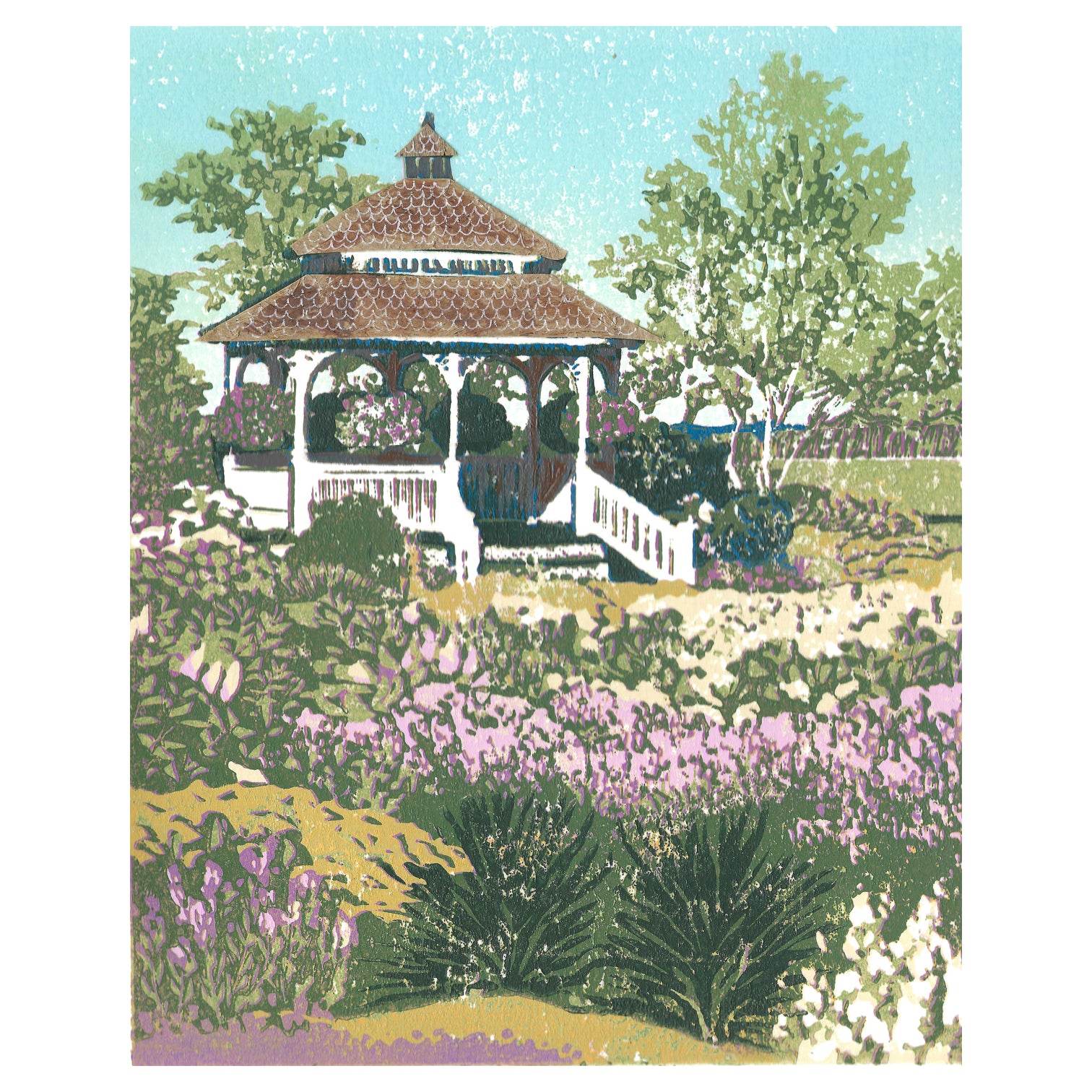 Mackinac Island Art by printmaker Natalia Wohletz of Peninsula Prints titled Mission Point Gazebo.