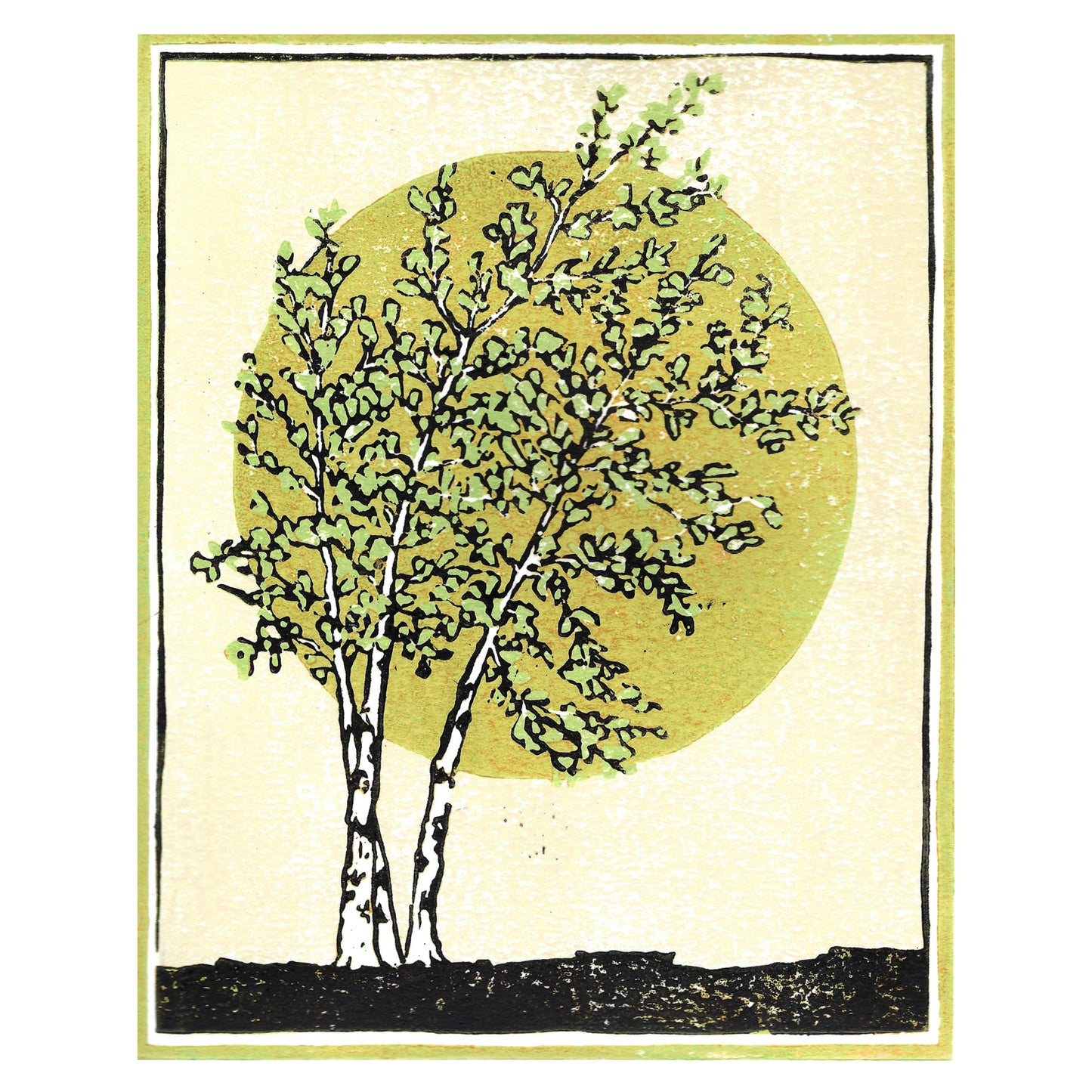 Birch tree art created by printmaker Natalia Wohletz of Peninsula Prints, Milford & Mackinac Island, Michigan. The original 4-color reduction block print design features a Paper Birch tree, which is native to Michigan, with the sun rising behind it.
