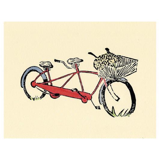 Bicycle art created by Natalia Wohletz of Peninsula Prints, Mackinac Island. Red Tandem is a multicolor linoleum block print of a striking bicycle for two!