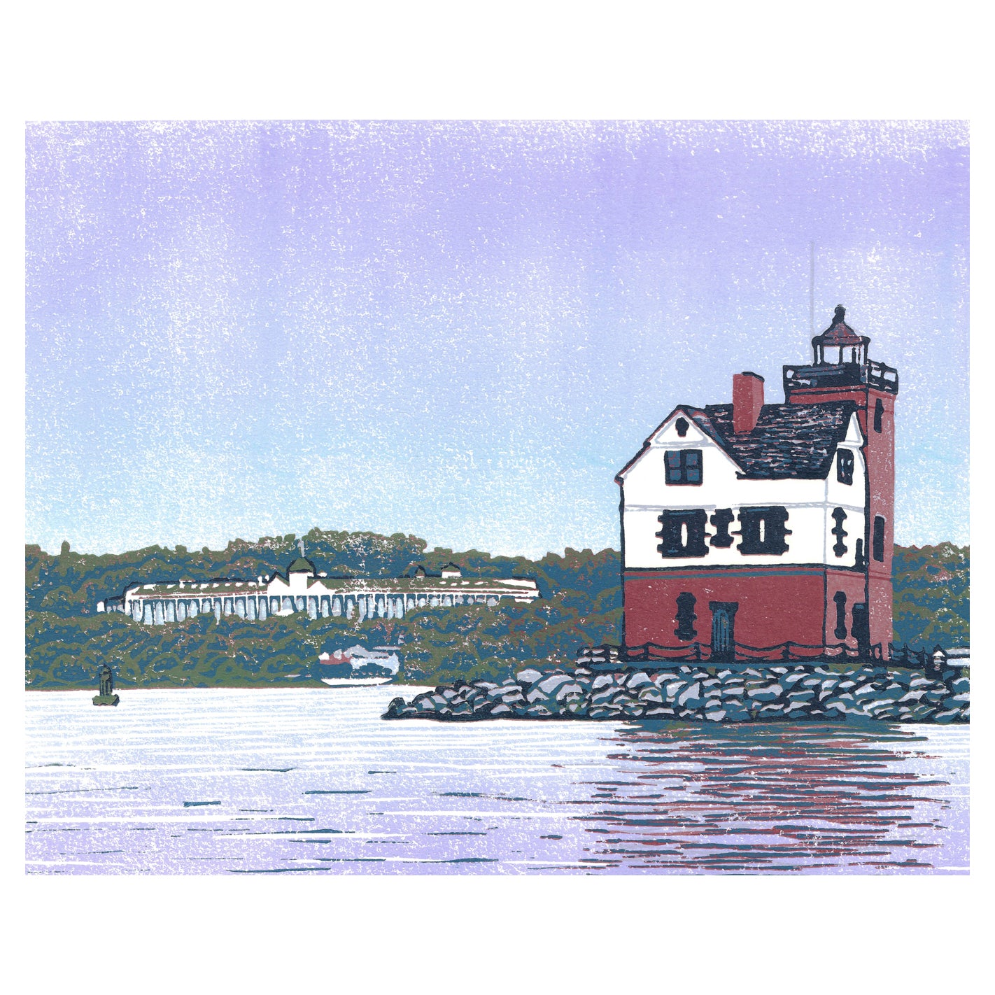 Rounding the Island is an 8-color reduction block print featuring a unique view of Round Island Lighthouse with Grand Hotel in the background.