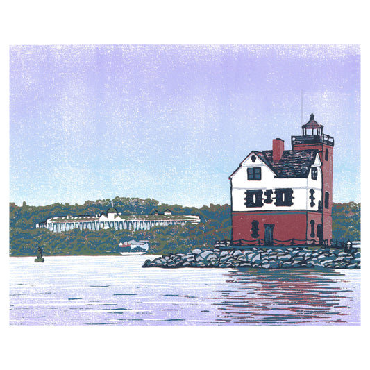 Rounding the Island is an 8-color reduction block print featuring a unique view of Round Island Lighthouse with Grand Hotel in the background.