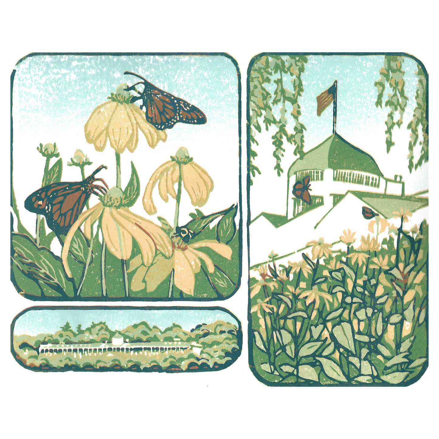 Mackinac Island art created by Natalia Wohletz of Peninsula Prints. Secret Garden is an original block print featuring Monarch butterflies sipping nectar in Grand Hotel's Secret Garden on a sunny summer day.
