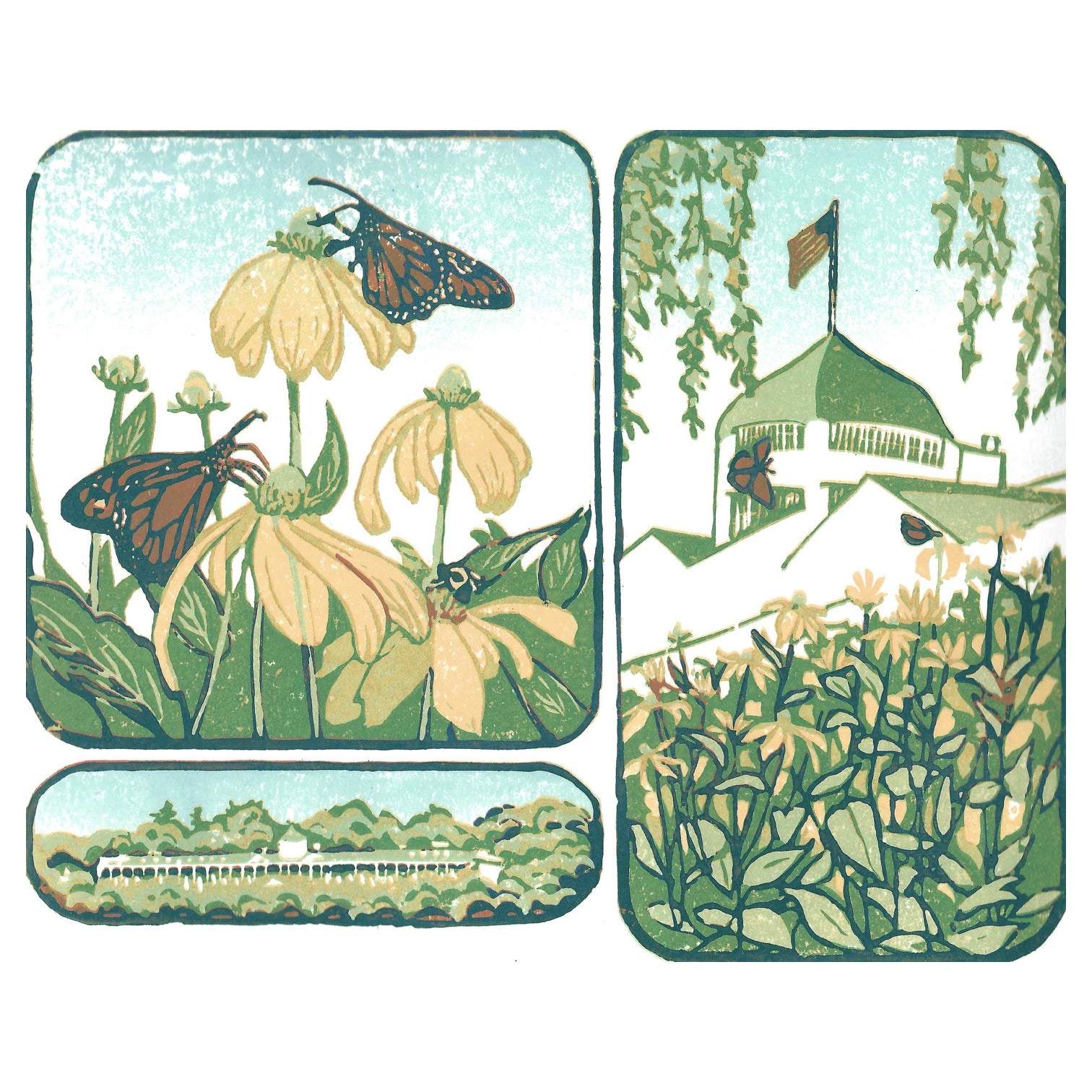 Mackinac Island art created by Natalia Wohletz of Peninsula Prints. Secret Garden is an original block print featuring Monarch butterflies sipping nectar in Grand Hotel's Secret Garden on a sunny summer day.