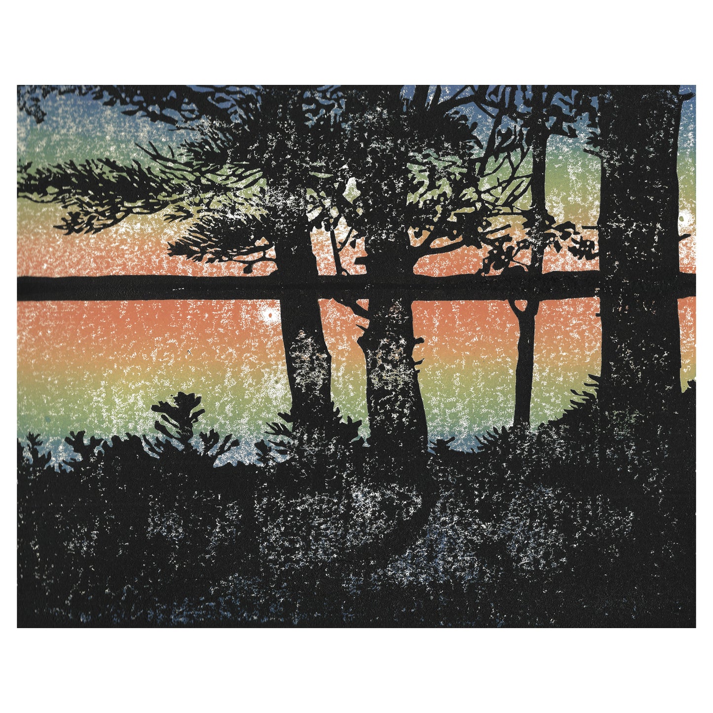 Lakeside living art created by Natalia Wohletz of Peninsula Prints. Sunset is a four-color linoleum block print of a warm, captivating view of a sunset over the lake.