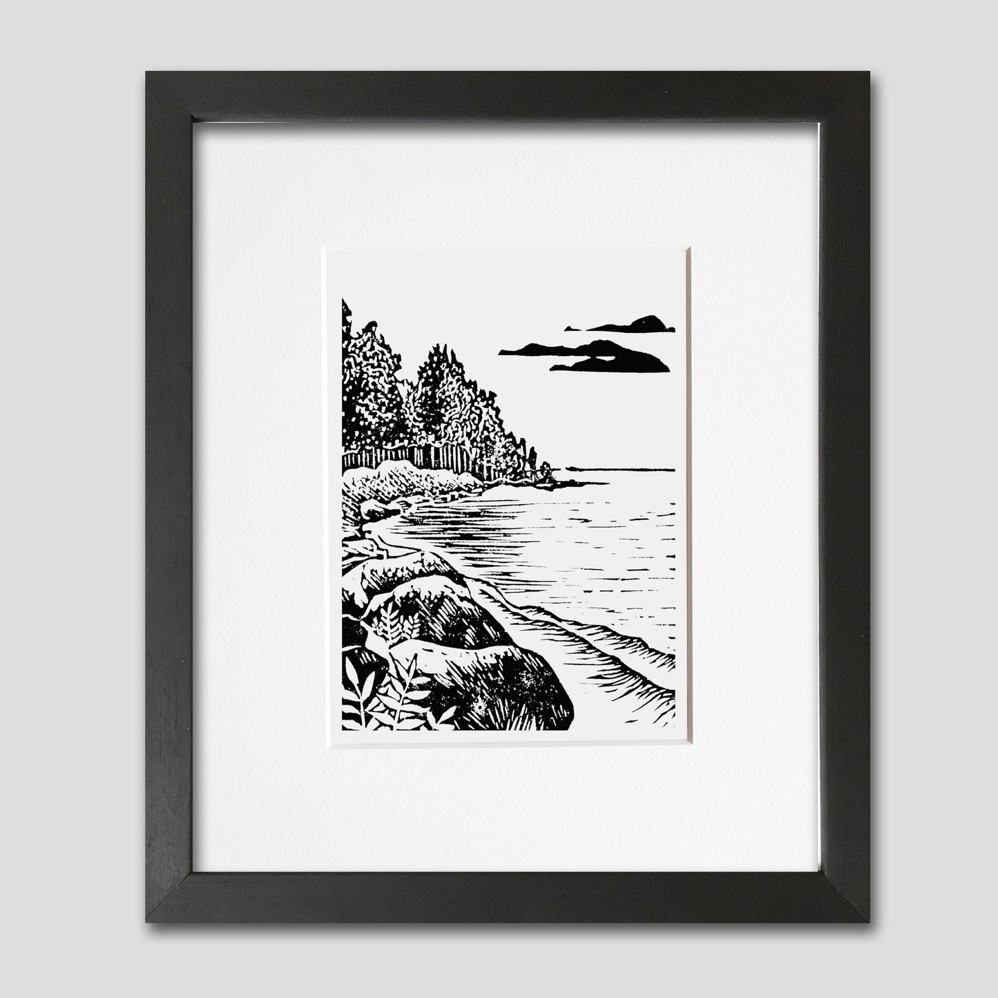 Framed lakeside living art by Michigan printmaker Natalia Wohletz of Peninsula Prints in Milford & Mackinac Island, titled Peninsula.
