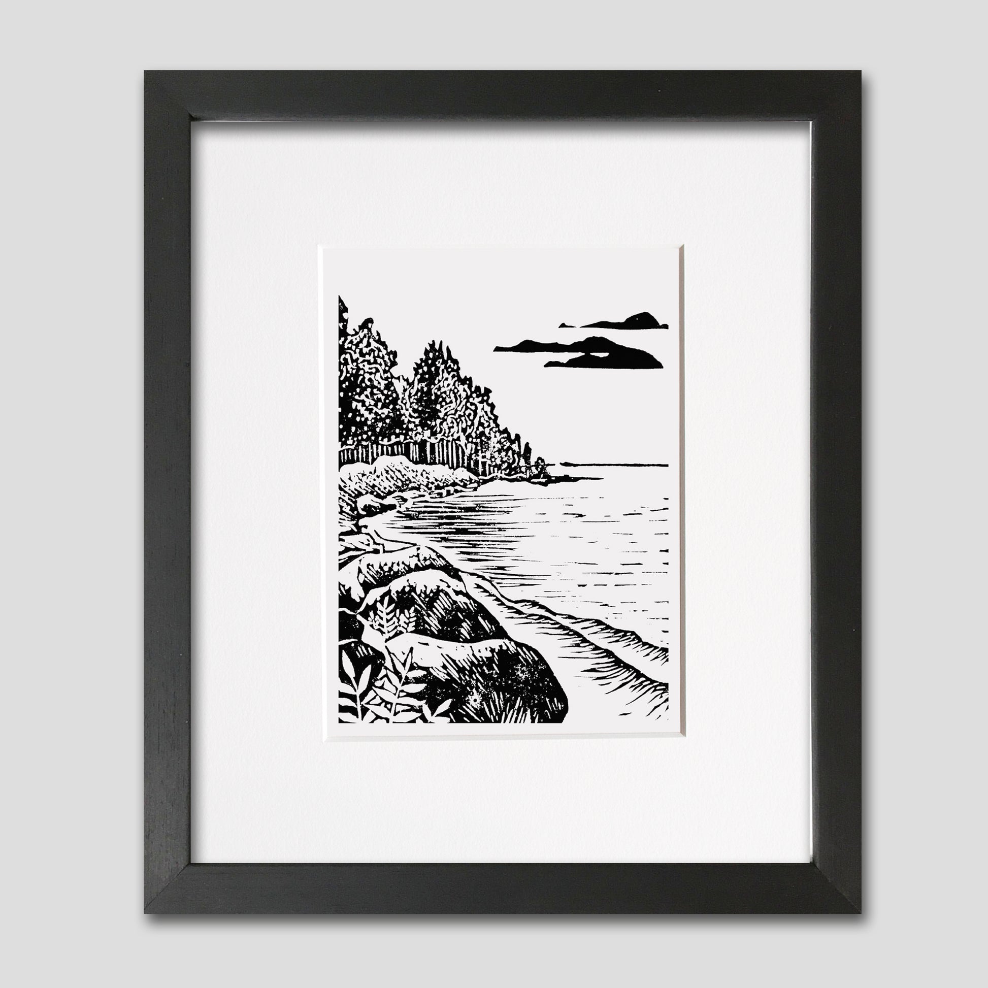 Framed lakeside living art by Michigan printmaker Natalia Wohletz of Peninsula Prints in Milford & Mackinac Island, titled Peninsula.