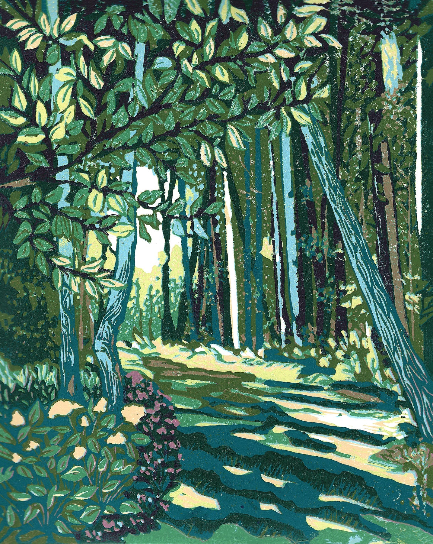 Cedar Trail.  Lino cut block print by Natalia Wohletz.