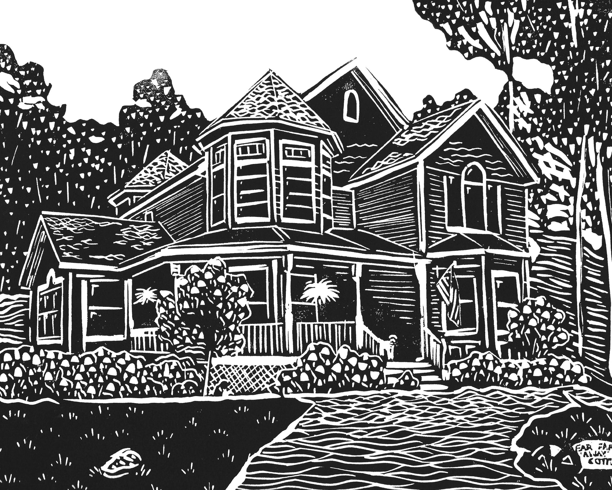 Commissioned 8x10 block print house portrait of a cottage on Mackinac Island.