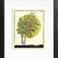 Framed birch tree art created by printmaker Natalia Wohletz of Peninsula Prints, Milford & Mackinac Island, Michigan. The original 4-color reduction block print design features a Paper Birch tree, which is native to Michigan, with the sun rising behind it.  