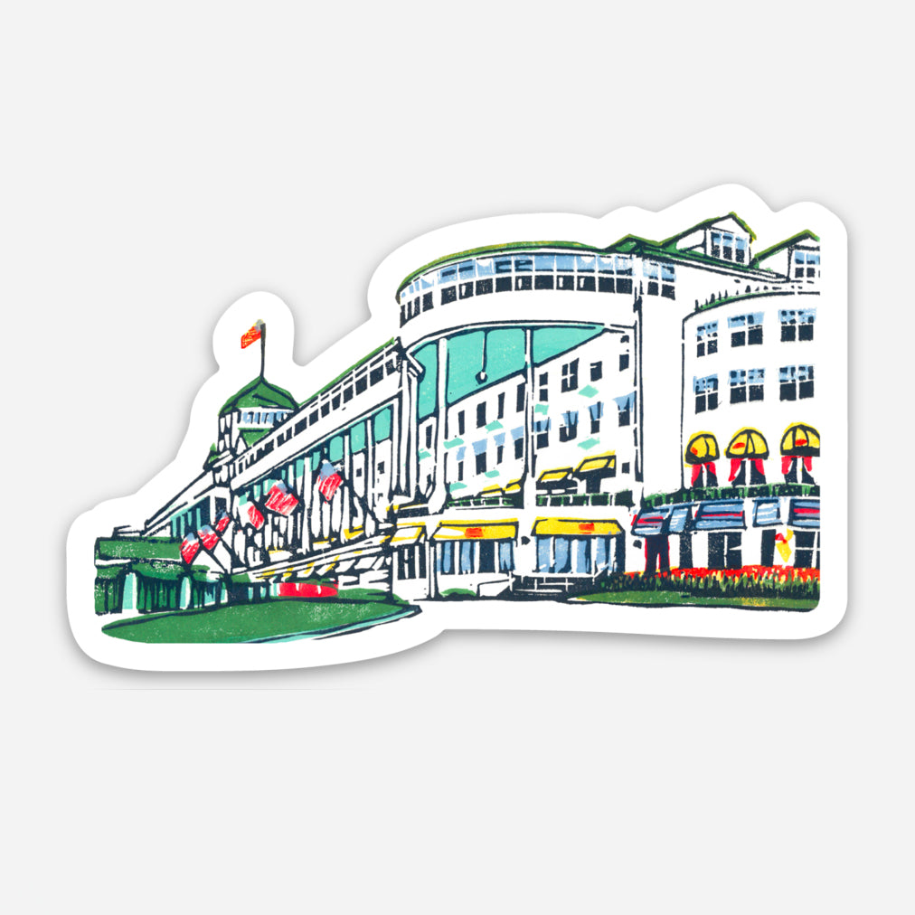 The Grand Hotel, Mackinac Island Vinyl Sticker by Natalia Wohletz of Peninsula Prints.