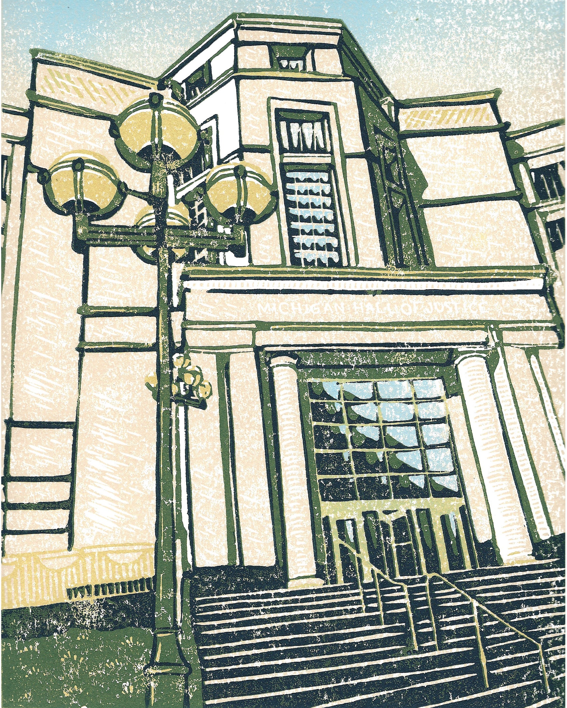 Commissioned 8x10 block print architectural portrait of the Michigan Hall of Justice, home of the Michigan Supreme Court.