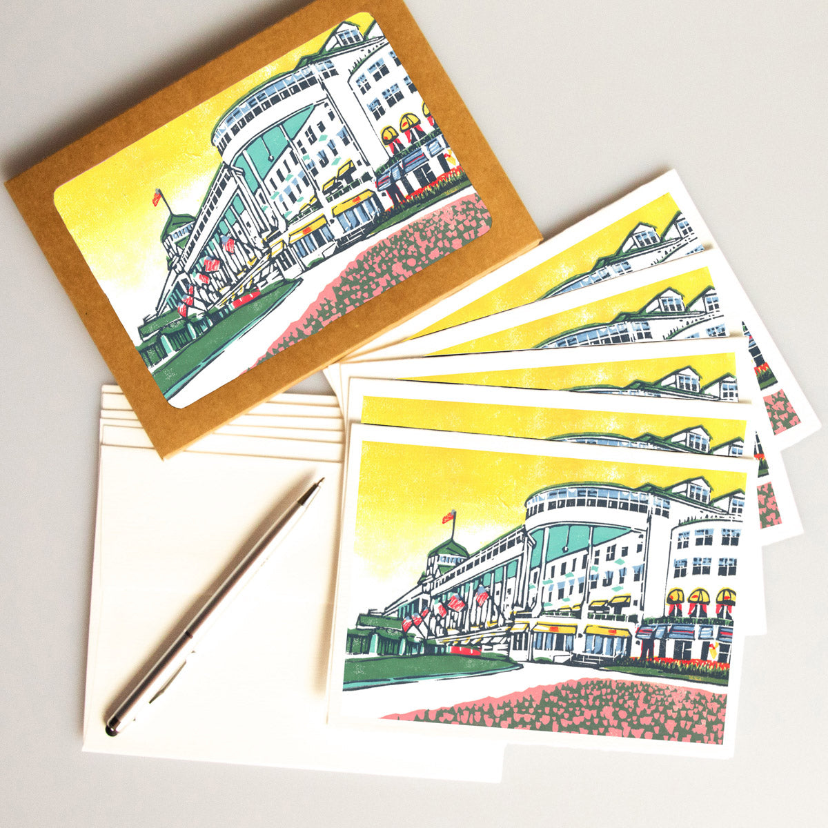 A casually elegant card set featuring Mackinac Island art by Natalia Wohletz of Peninsula Prints titled The Grand Hotel.