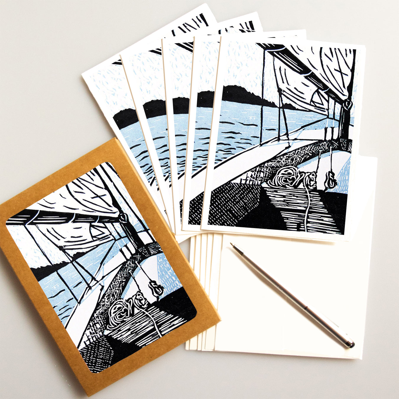 A casually elegant card set featuring sailing art by Natalia Wohletz of Peninsula Prints titled To My Estella.