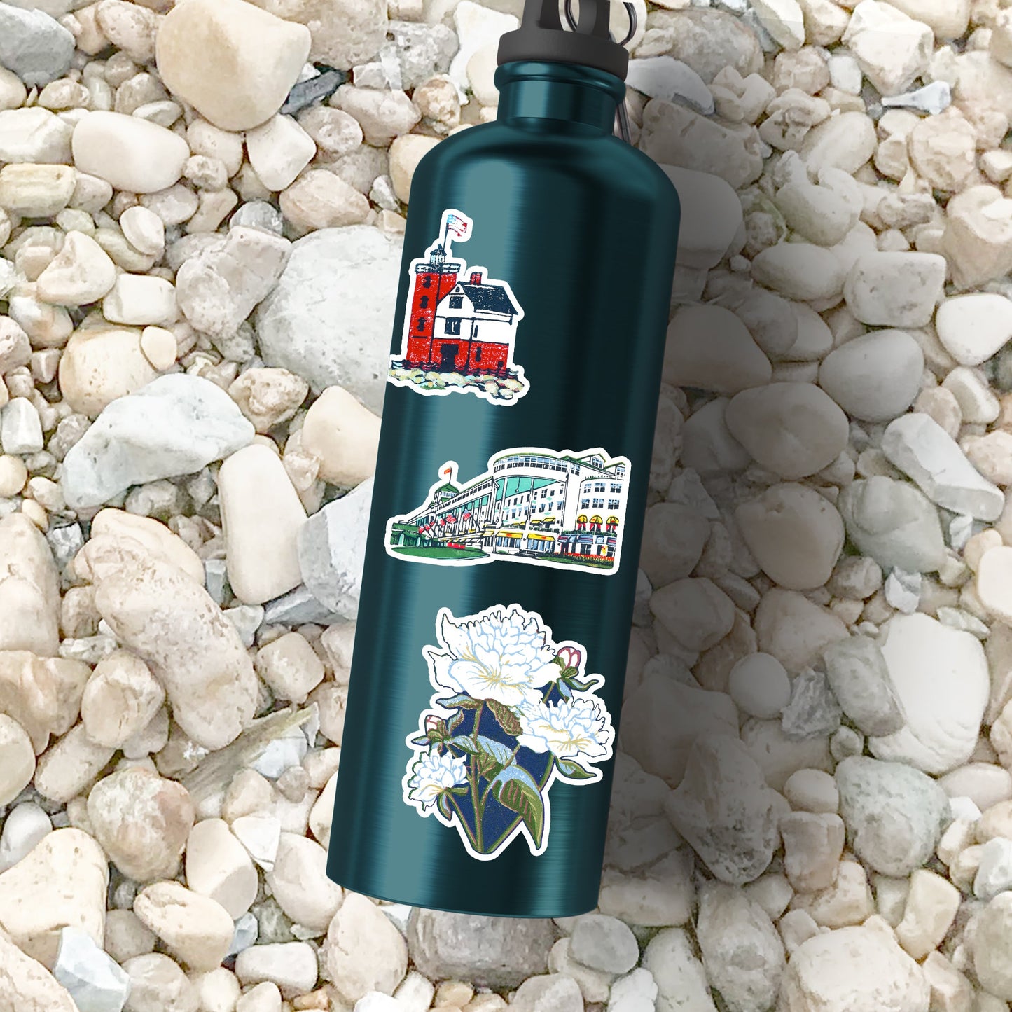 Mackinac Island Vinyl Stickers for water bottles by Natalia Wohletz of Peninsula Prints.