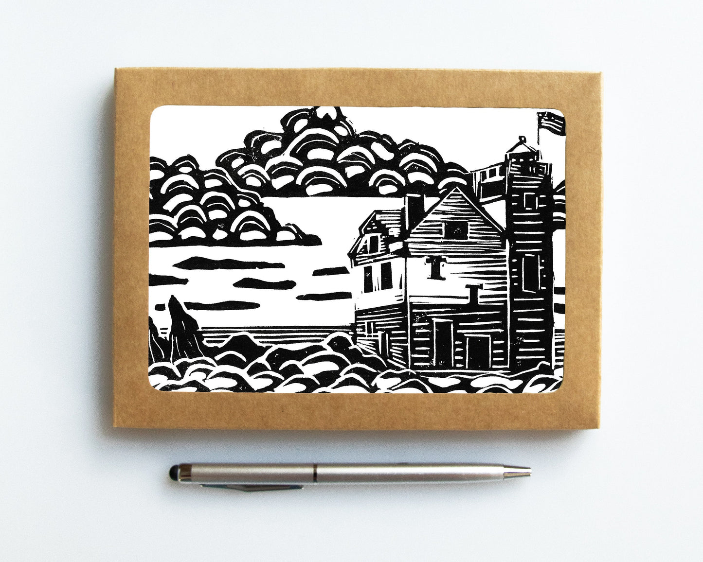 A casually elegant card set featuring lighthouse art by Natalia Wohletz of Peninsula Prints titled Round Island Lighthouse.