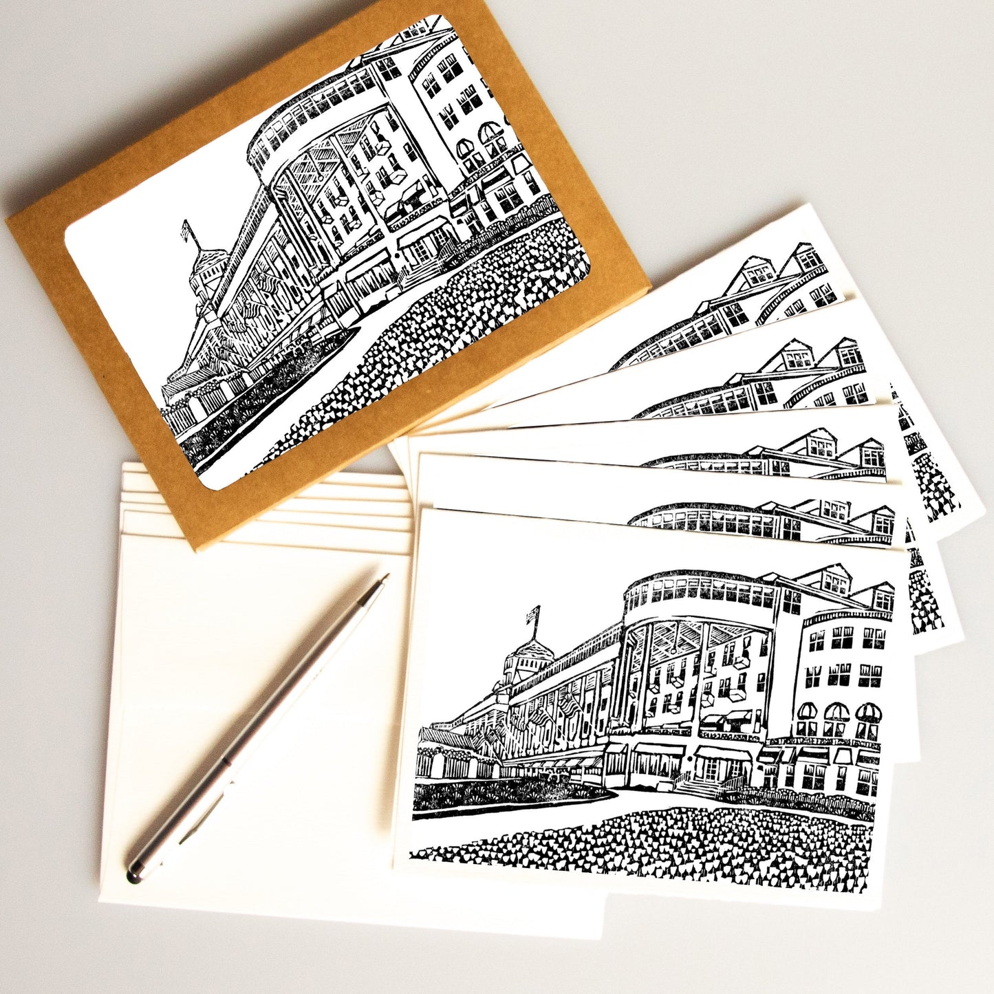 A casually elegant card featuring Mackinac Island art by Natalia Wohletz titled Grand Hotel..