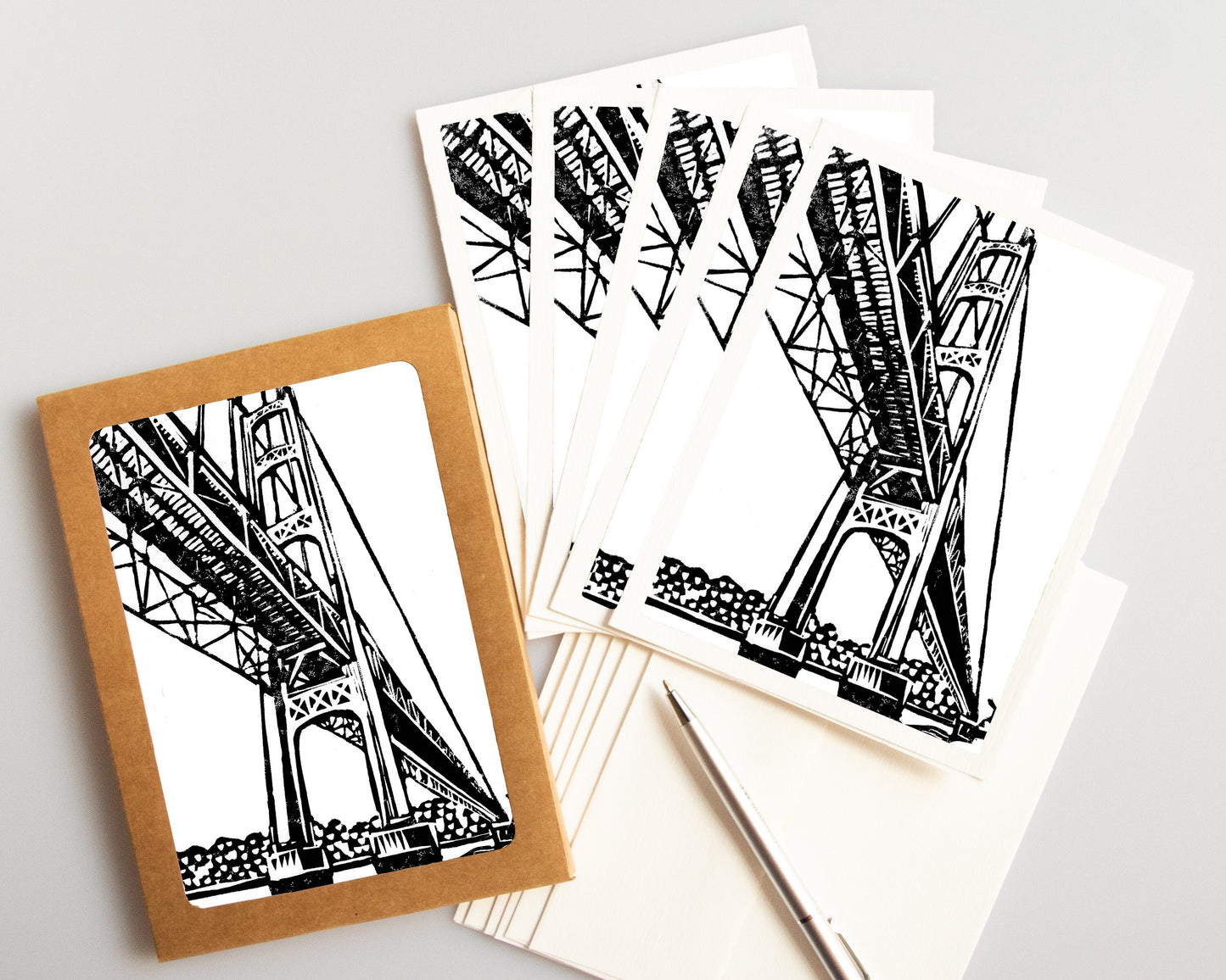 A casually elegant card set featuring Mackinac Bridge art by Natalia Wohletz titled Mighty Mack