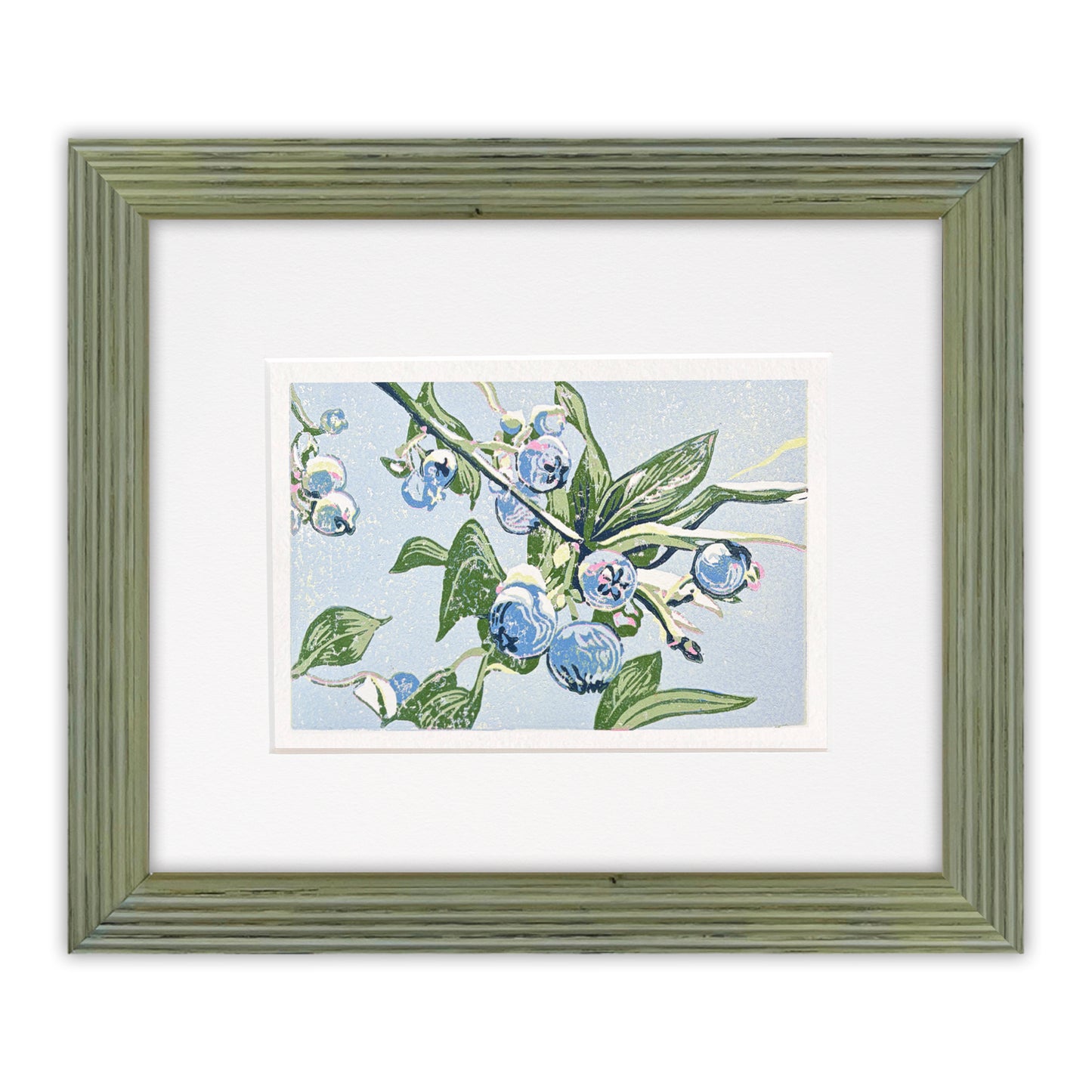 Framed artwork of blueberries and green leaves on a light blue background, with a green frame.
