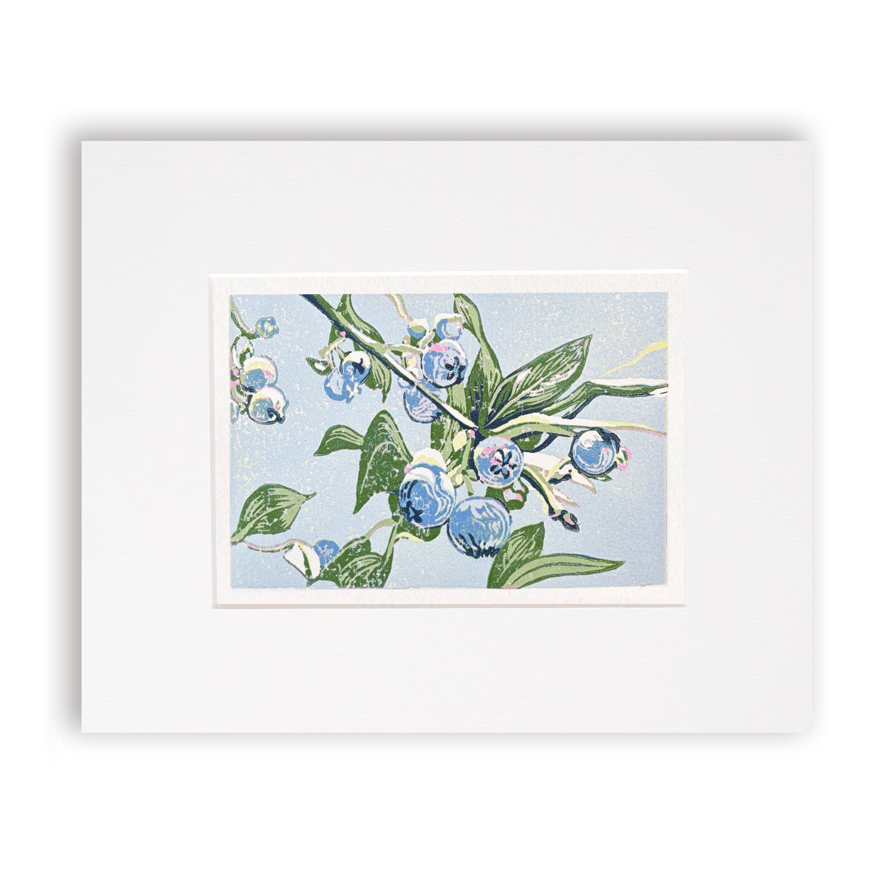 Matted artwork of blueberries and green leaves on a light blue background.