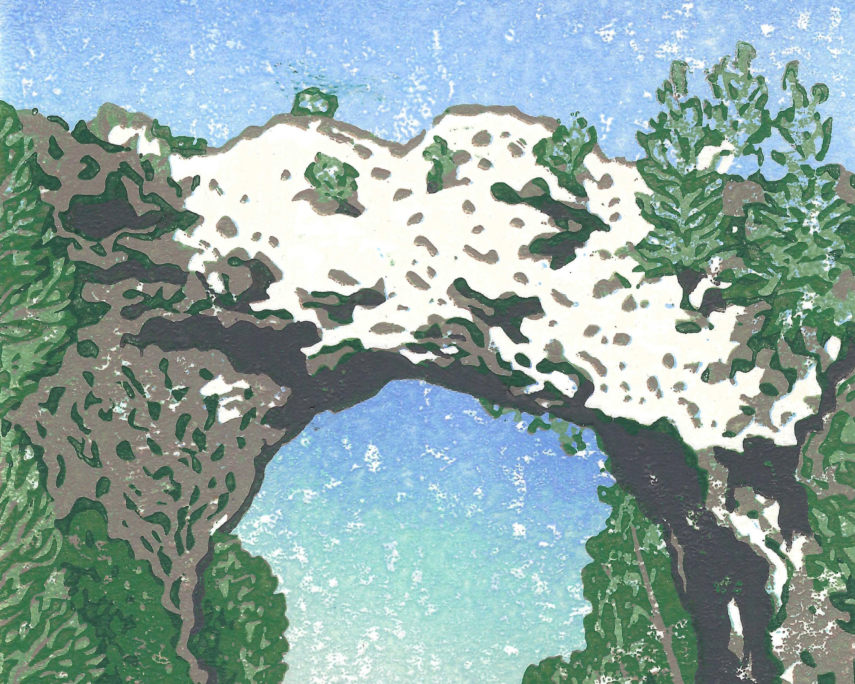 Illustration of Arch Rock with greenery on a blue sky background.