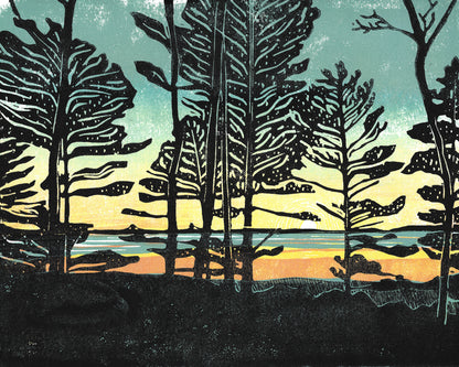 Commissioned 8x10 block print of a client's favorite view over Lake Huron.