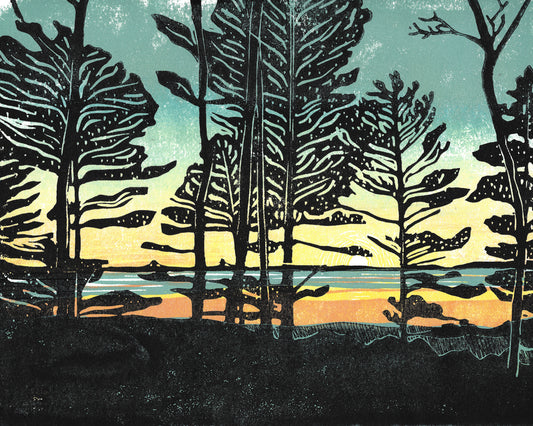 Commissioned 8x10 block print of a client's favorite view over Lake Huron.