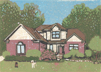 Commissioned 4x6 block print house portrait of a Metro Detroit home.