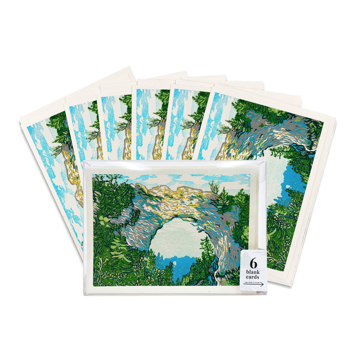 Arch Rock's Shadow Blank Greeting Card - A boxed set of six casually elegant cards featuring Mackinac Island art by printmaker Natalia Wohletz of Peninsula Prints.